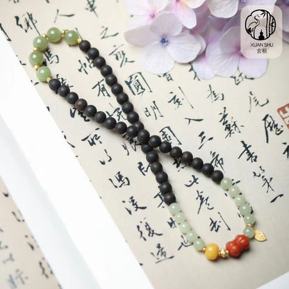 Heta Jade, South Red Amber & Natural Benzoin Double Bracelet — Improve Luck, Relationships & Energy Flow