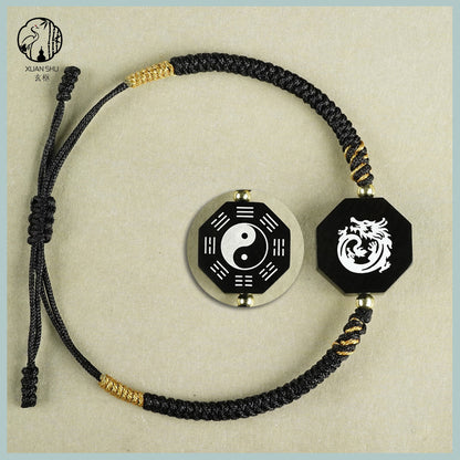 Zao Wood Inlaid Silver Taiji Bagua Braided Vajra Knot Bracelet - Handcrafted Spiritual Jewelry for Balance and Protection