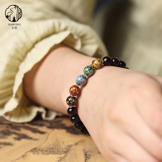 Indian Rosewood Inlaid mother of pearl inlay Lacquer Bead Bracelet - Harmonize the Five Elements and Attract Prosperity and Peace