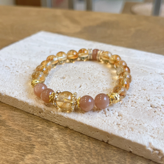Natural Yellow Citrine Sunstone Orange Moonstone Crystal Bracelet – Abundance & Healing Energy