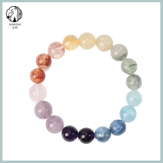 Multi-Gem Crystal Bracelet – Red & Yellow Resin Flowers, Amethyst, Lavender Quartz, Blue Kyanite, Aquamarine, Green Rutilated Quartz & Mystic Crystal Beads