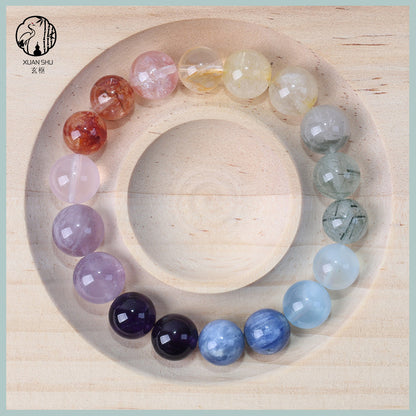 Multi-Gem Crystal Bracelet – Red & Yellow Resin Flowers, Amethyst, Lavender Quartz, Blue Kyanite, Aquamarine, Green Rutilated Quartz & Mystic Crystal Beads