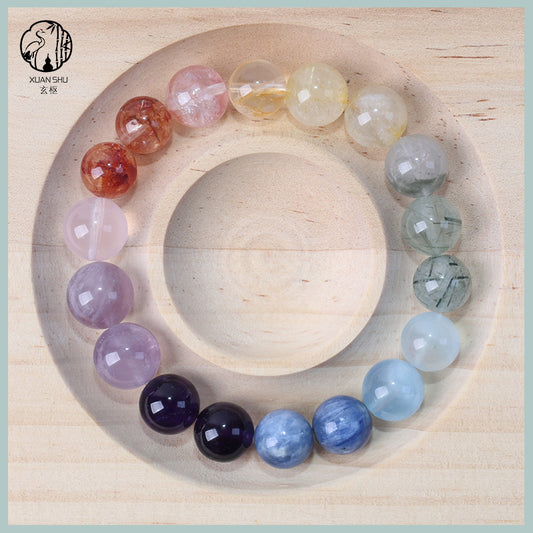 Multi-Gem Crystal Bracelet – Red & Yellow Resin Flowers, Amethyst, Lavender Quartz, Blue Kyanite, Aquamarine, Green Rutilated Quartz & Mystic Crystal Beads