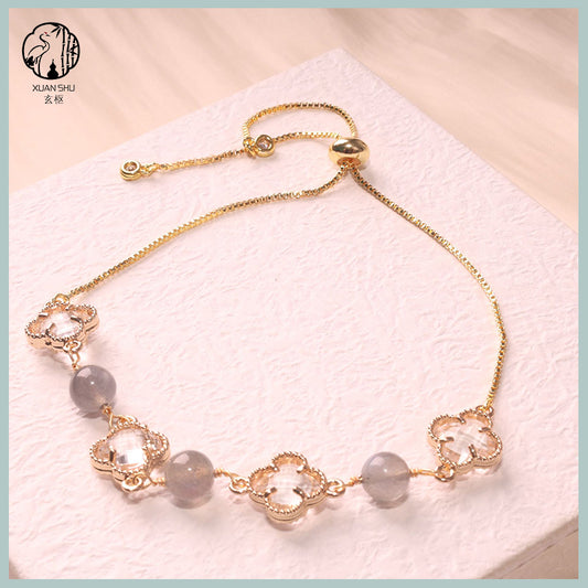 Natural Amethyst, Strawberry Quartz, Rose Quartz & Moonstone Four-Leaf Clover Alloy Bracelet – Lucky Chakra Crystal Jewelry