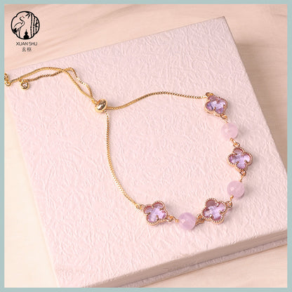 Natural Amethyst, Strawberry Quartz, Rose Quartz & Moonstone Four-Leaf Clover Alloy Bracelet – Lucky Chakra Crystal Jewelry