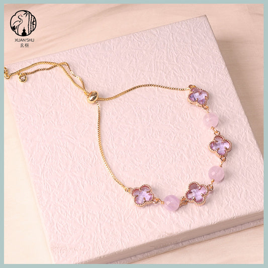 Natural Amethyst, Strawberry Quartz, Rose Quartz & Moonstone Four-Leaf Clover Alloy Bracelet – Lucky Chakra Crystal Jewelry