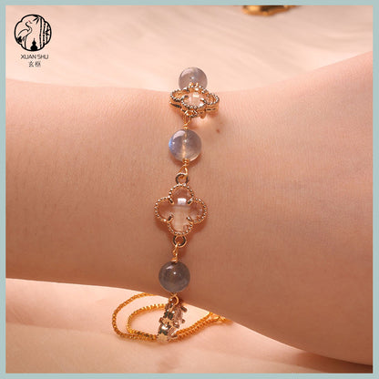 Natural Amethyst, Strawberry Quartz, Rose Quartz & Moonstone Four-Leaf Clover Alloy Bracelet – Lucky Chakra Crystal Jewelry