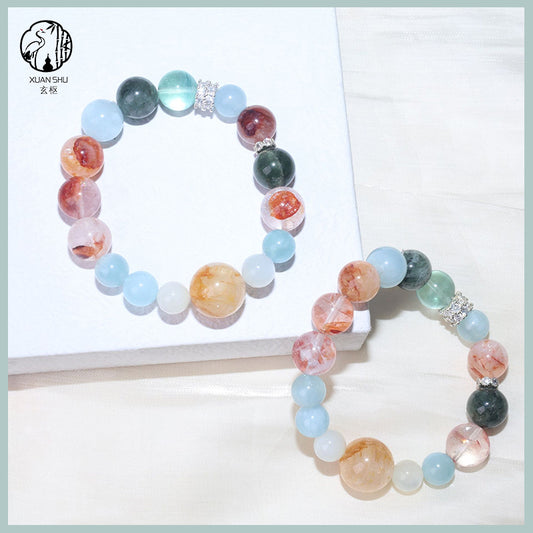 Aquamarine & Red Coral Flower Multicolor Multi-Gem Crystal Bracelet – Feng Shui Energy, Luck & Stylish Accessory