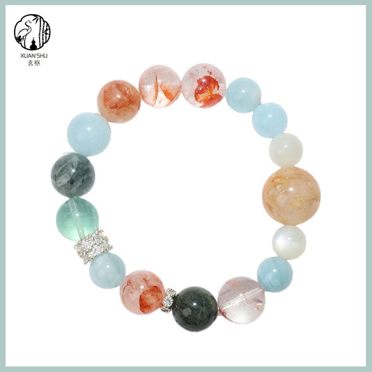 Aquamarine & Red Coral Flower Multicolor Multi-Gem Crystal Bracelet – Feng Shui Energy, Luck & Stylish Accessory