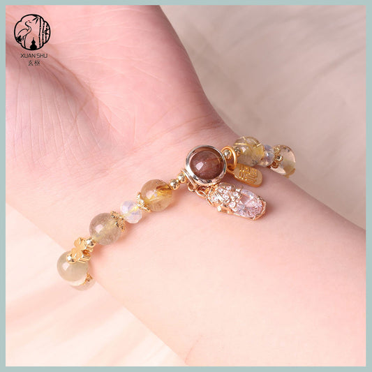 Natural Citrine with Colorful Rutilated Quartz Pixiu Bracelet – Attract Wealth, Luck & Prosperity