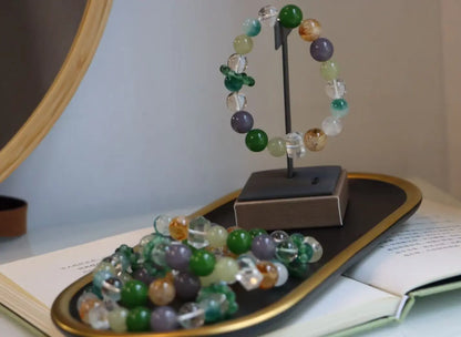 Natural Citrine, White Crystal, Moonstone, Smoky Amethyst, Green Chalcedony Beaded Bracelet – Healing Energy & Spiritual Gemstone Jewelry