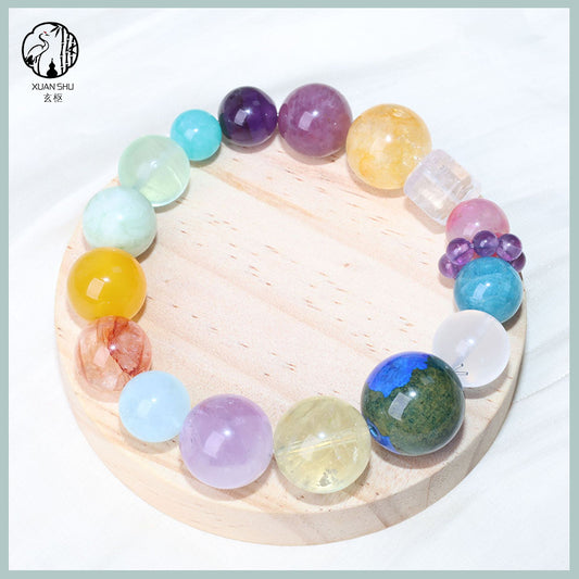 Natural Earth Agate & Lavender Amethyst 14-Crystal Multi-Stone Bracelet – Feng Shui Healing Gemstone Jewelry