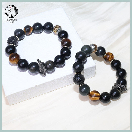 Gold Obsidian & Tiger Eye Snake Pendant Bracelet – Vintage Silver Feng Shui Energy Jewelry