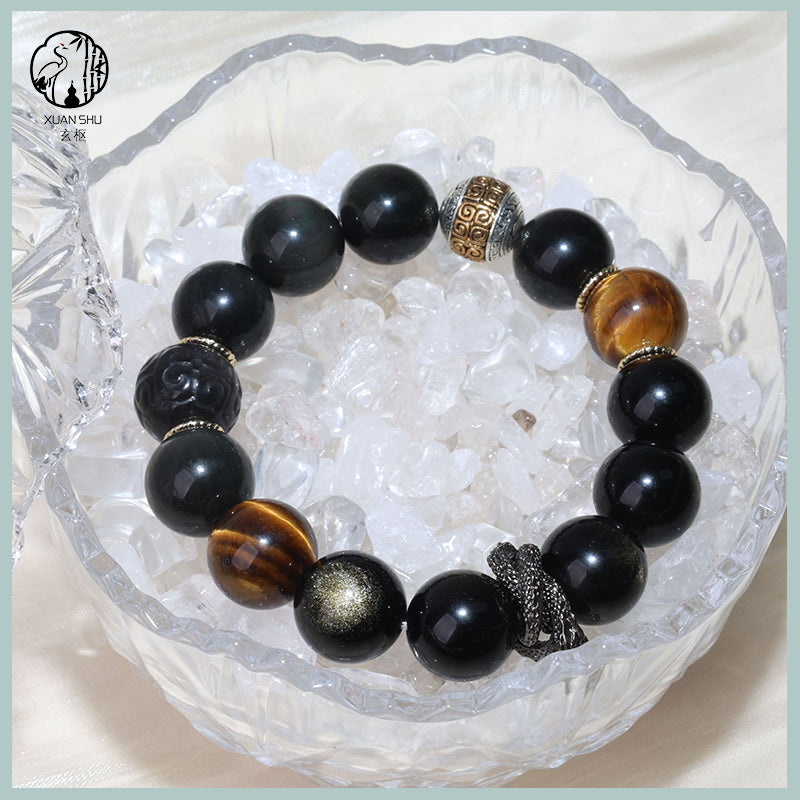 Gold Obsidian & Tiger Eye Snake Pendant Bracelet – Vintage Silver Feng Shui Energy Jewelry