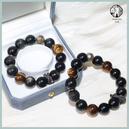 Gold Obsidian & Tiger Eye Snake Pendant Bracelet – Vintage Silver Feng Shui Energy Jewelry