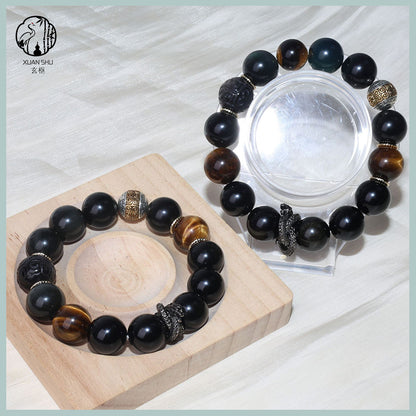 Gold Obsidian & Tiger Eye Snake Pendant Bracelet – Vintage Silver Feng Shui Energy Jewelry
