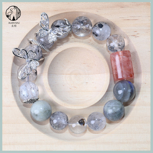 Natural Gray Moonstone & Flash Crystal Bracelet with Silver Butterfly Charm – Handmade Spiritual Energy Jewelry