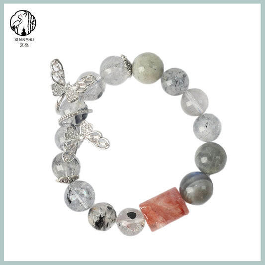 Natural Gray Moonstone & Flash Crystal Bracelet with Silver Butterfly Charm – Handmade Spiritual Energy Jewelry