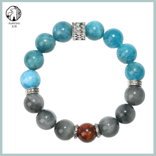 Natural Gray Rabbit Fur, Blue Apatite & Fire Rainbow Pietersite Crystal Bracelet – Energy Healing Beads