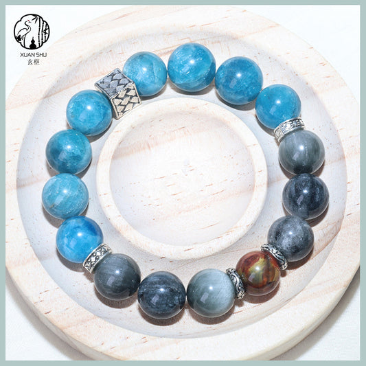 Natural Gray Rabbit Fur, Blue Apatite & Fire Rainbow Pietersite Crystal Bracelet – Energy Healing Beads