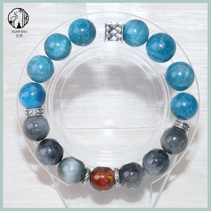 Natural Gray Rabbit Fur, Blue Apatite & Fire Rainbow Pietersite Crystal Bracelet – Energy Healing Beads