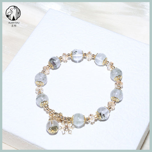 Natural Green Phantom Quartz Bracelet with Gold Floral Accents & Snowflake Pendant – Healing Crystal Jewelry for Wealth, Growth & Positive Energy