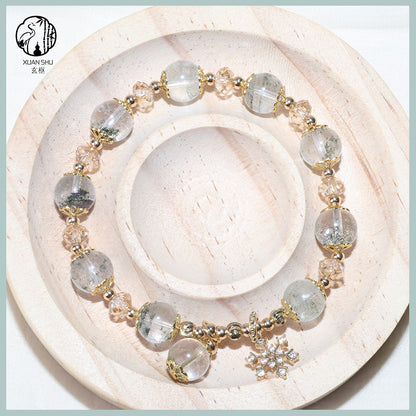 Natural Green Phantom Quartz Bracelet with Gold Floral Accents & Snowflake Pendant – Healing Crystal Jewelry for Wealth, Growth & Positive Energy