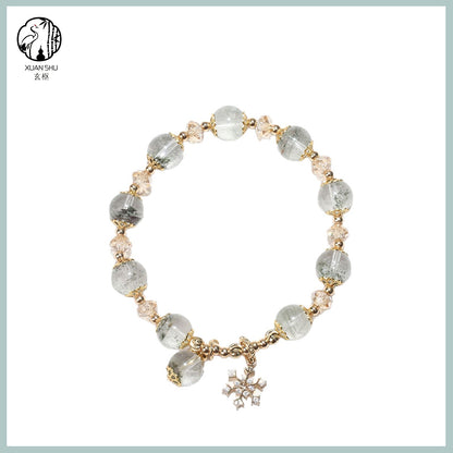 Natural Green Phantom Quartz Bracelet with Gold Floral Accents & Snowflake Pendant – Healing Crystal Jewelry for Wealth, Growth & Positive Energy