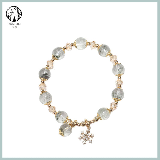 Natural Green Phantom Quartz Bracelet with Gold Floral Accents & Snowflake Pendant – Healing Crystal Jewelry for Wealth, Growth & Positive Energy