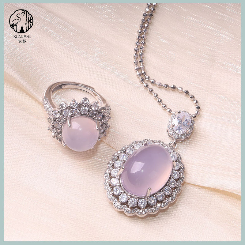 Natural High-Ice Purple Chalcedony Silver Pendant & Adjustable Ring Set – Elegant Handmade Jewelry
