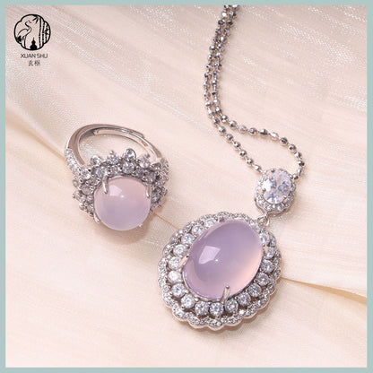 Natural High-Ice Purple Chalcedony Silver Pendant & Adjustable Ring Set – Elegant Handmade Jewelry