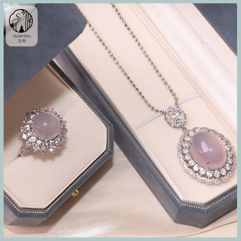 Natural High-Ice Purple Chalcedony Silver Pendant & Adjustable Ring Set – Elegant Handmade Jewelry