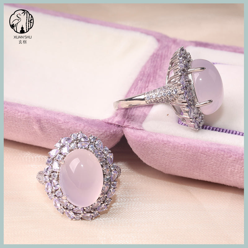 Natural High-Ice Purple Chalcedony Silver Pendant & Adjustable Ring Set – Elegant Handmade Jewelry
