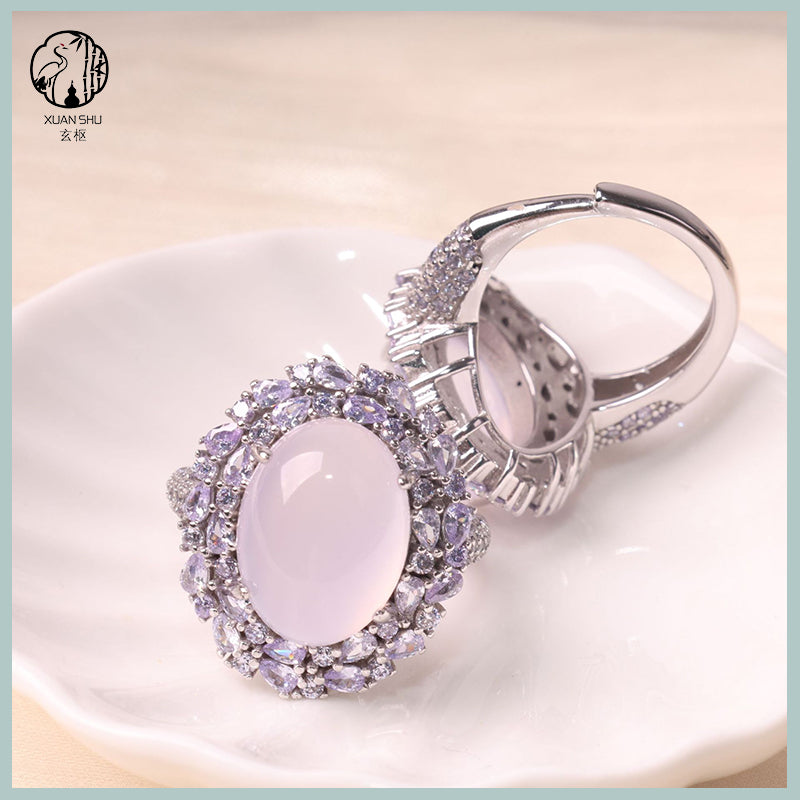 Natural High-Ice Purple Chalcedony Silver Pendant & Adjustable Ring Set – Elegant Handmade Jewelry