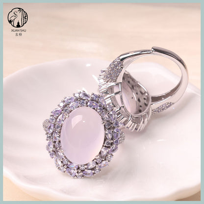 Natural High-Ice Purple Chalcedony Silver Pendant & Adjustable Ring Set – Elegant Handmade Jewelry