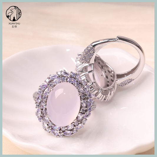 Natural High-Ice Purple Chalcedony Silver Pendant & Adjustable Ring Set – Elegant Handmade Jewelry