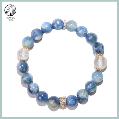 Kyanite Beaded Bracelet with White Cubic Zirconia Micro-Pavé Spacer – Single Strand Energy Balancing Crystal Jewelry