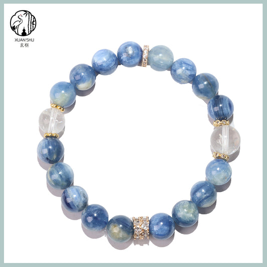 Kyanite Beaded Bracelet with White Cubic Zirconia Micro-Pavé Spacer – Single Strand Energy Balancing Crystal Jewelry