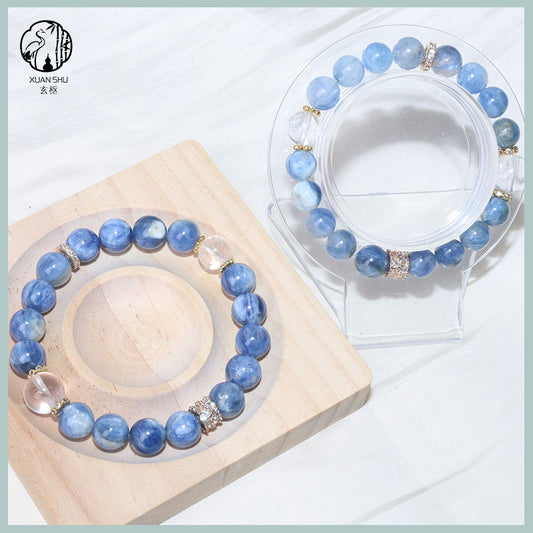 Kyanite Beaded Bracelet with White Cubic Zirconia Micro-Pavé Spacer – Single Strand Energy Balancing Crystal Jewelry