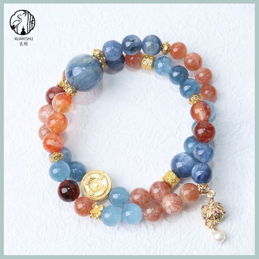 Kyanite, Red Flower Agate & Sunstone Multi-Gemstone Crystal Bracelet – Energy Healing, Balance & Prosperity