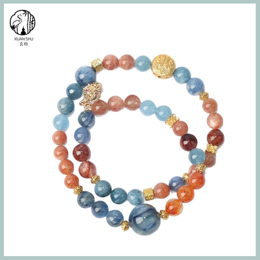 Kyanite, Red Flower Agate & Sunstone Multi-Gemstone Crystal Bracelet – Energy Healing, Balance & Prosperity