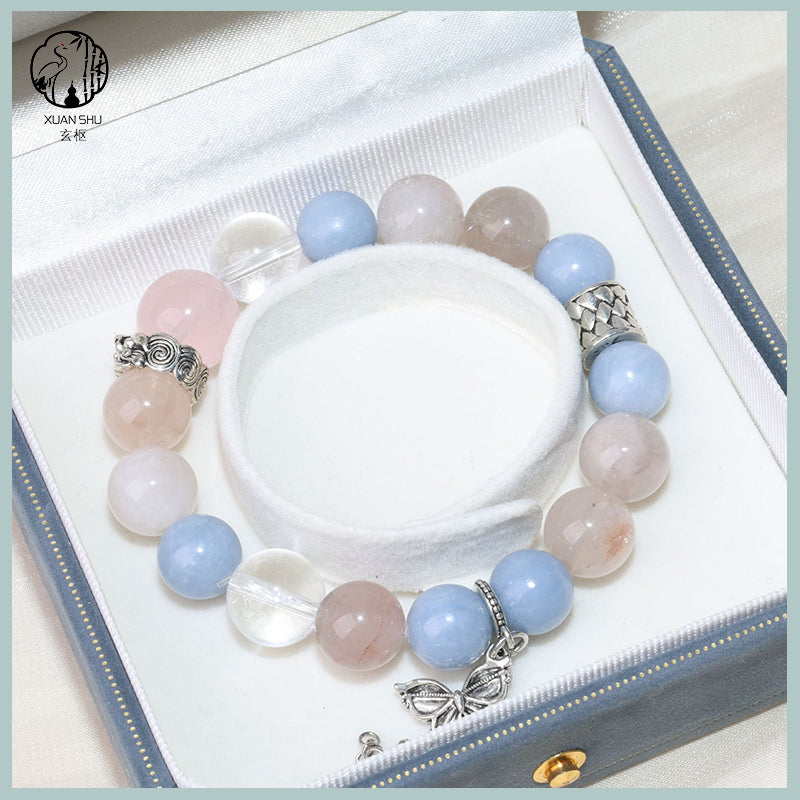 Natural Multi-Gem Crystal Bracelet – Blue Angel, White Agate & Rabbit Fur Beads with Butterfly Pendant – Handmade Feng Shui Jewelry