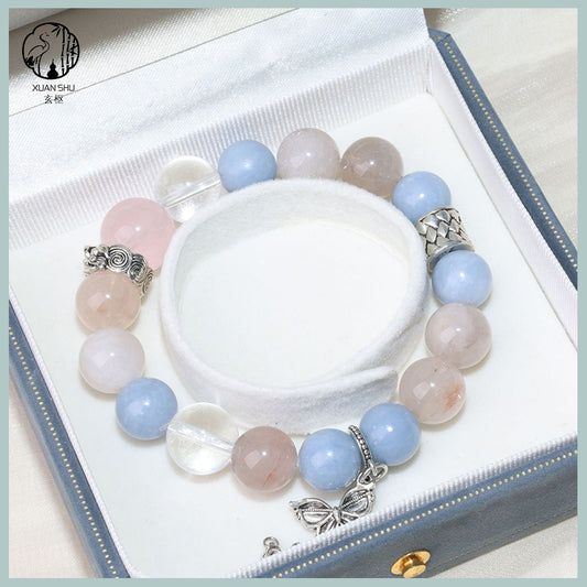 Natural Multi-Gem Crystal Bracelet – Blue Angel, White Agate & Rabbit Fur Beads with Butterfly Pendant – Handmade Feng Shui Jewelry