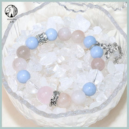 Natural Multi-Gem Crystal Bracelet – Blue Angel, White Agate & Rabbit Fur Beads with Butterfly Pendant – Handmade Feng Shui Jewelry
