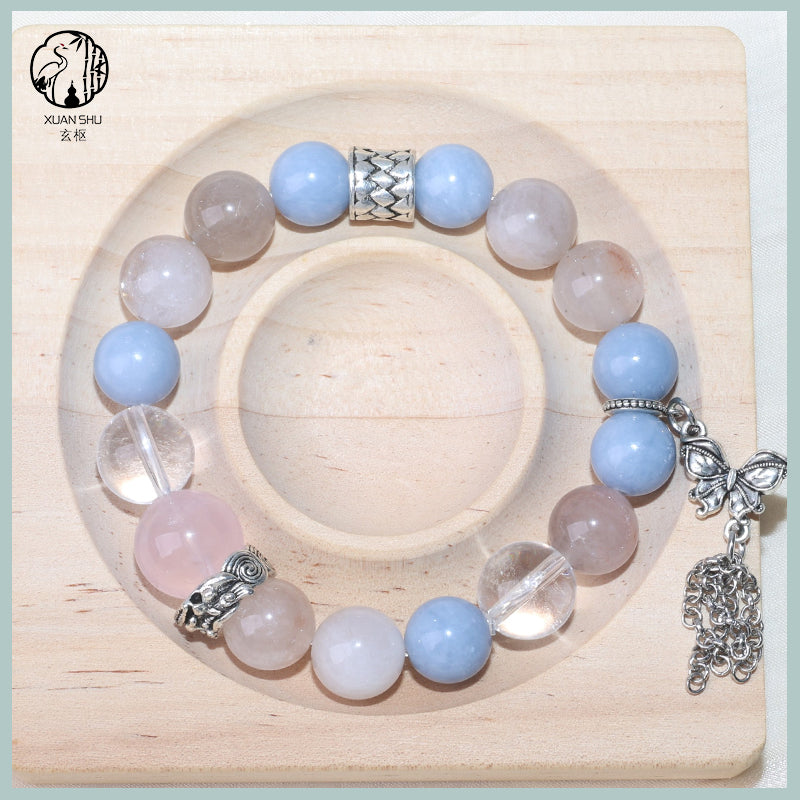 Natural Multi-Gem Crystal Bracelet – Blue Angel, White Agate & Rabbit Fur Beads with Butterfly Pendant – Handmade Feng Shui Jewelry