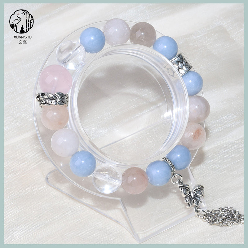 Natural Multi-Gem Crystal Bracelet – Blue Angel, White Agate & Rabbit Fur Beads with Butterfly Pendant – Handmade Feng Shui Jewelry