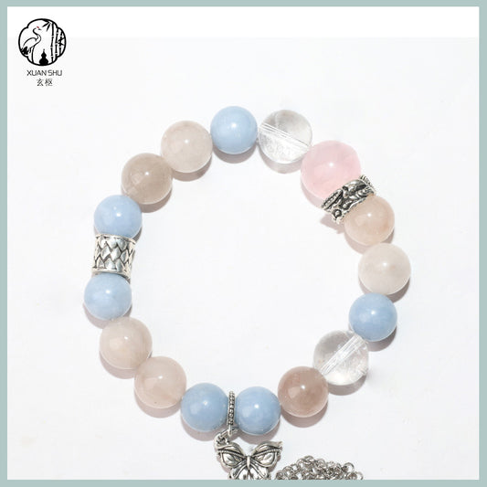 Natural Multi-Gem Crystal Bracelet – Blue Angel, White Agate & Rabbit Fur Beads with Butterfly Pendant – Handmade Feng Shui Jewelry