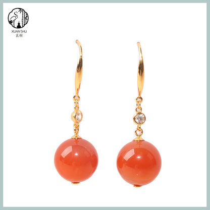 Natural Nanhong Agate Round Pendant Earrings – Red Agate Jewelry for Women, Feng Shui Healing & Elegant Gift