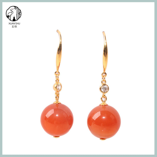 Natural Nanhong Agate Round Pendant Earrings – Red Agate Jewelry for Women, Feng Shui Healing & Elegant Gift