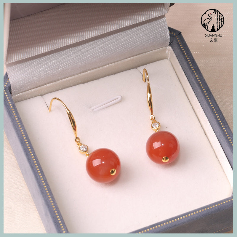 Natural Nanhong Agate Round Pendant Earrings – Red Agate Jewelry for Women, Feng Shui Healing & Elegant Gift